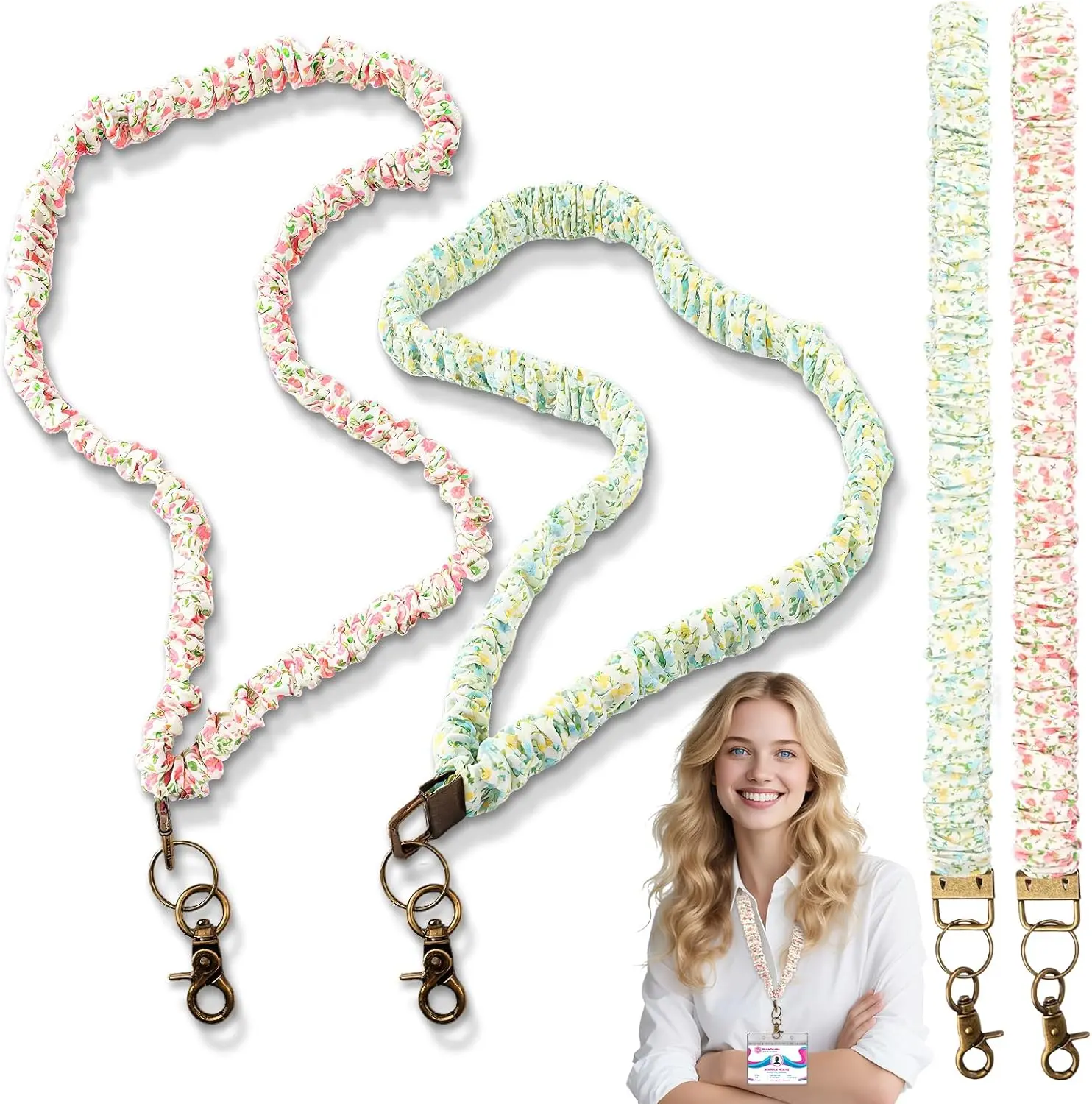 2 Pack Cottagecore-style Scrunchie Lanyards for ID Badges and  -  & Green Floral Print Retractable   Stretchy Lanyard with Clip Closure for Teachers, , School, Office