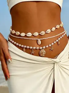 Women's Starfish Waist Chain Set, Adjustable Layered Belly Chain, Bohemian Shell Bead Bikini Body Chain for Beach Summer Festivals