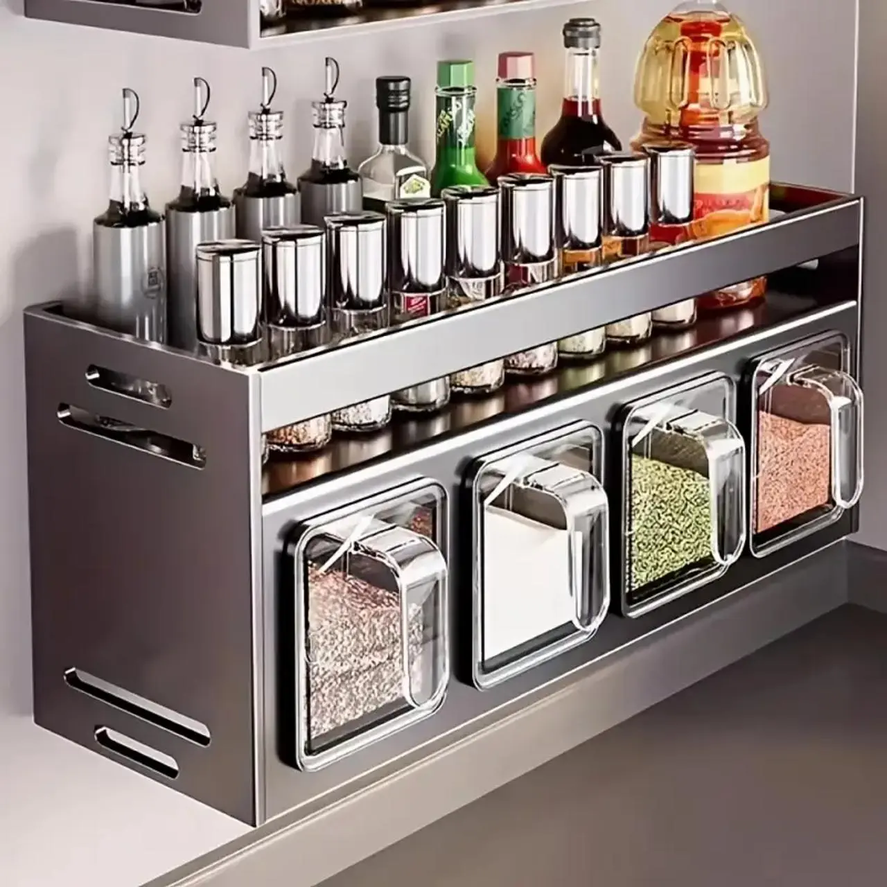 Kitchen Storage Rack, Wall Mounted Spice Rack with Drawer, Durable Aluminum Storage Rack, Seasoning Bottle Holder, Multifunctional Spice Rack for Home Kitchen, Metal Organizer, Organiser