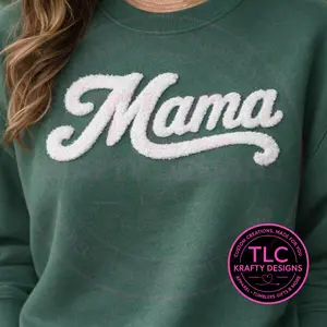 XL MAMA White Fuzzy Chenille Patch - Mom Life Iron-On/ Sew-On Appliqué