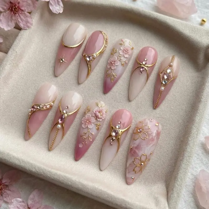 Luxury 3D Pink Floral Press On Nails: Royal Gold Jewelry & Pearl Stiletto Set