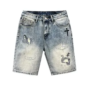 Popular Embroidered Denim Shorts for Men Summer Casual Straight-Leg Trendy Fashion Unique Five-Point Comfortable Stylish Fit Wetsuit Embroidery Pocket