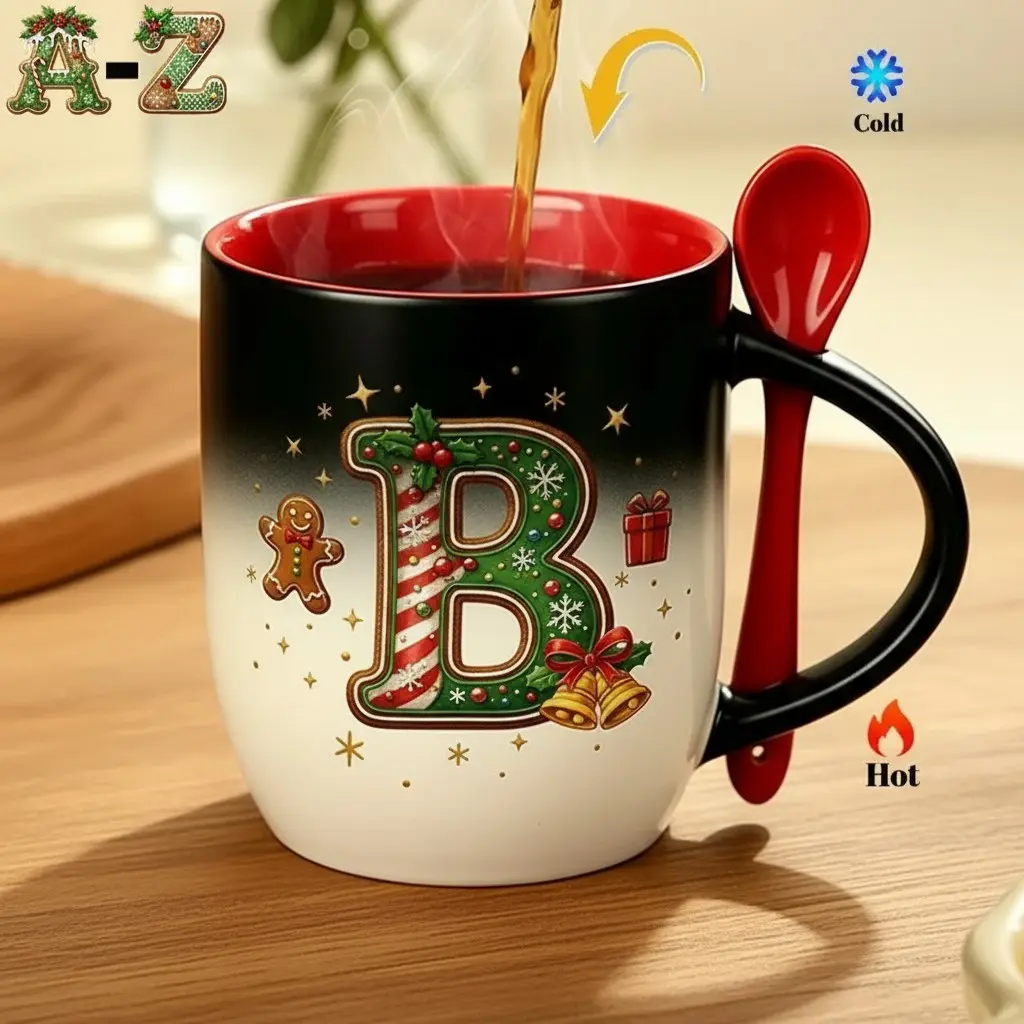 1pc A-Z Christmas Alphabet Heat-Sensitive Color-Changing Coffee Mug with Red Spoon, Personalized Initial Magic Ceramic Cup Revealing Festive Design When Hot Water is Added, Unique Holiday Gift for Loved Ones, 11oz 330ml Capacity for Warm Beverages