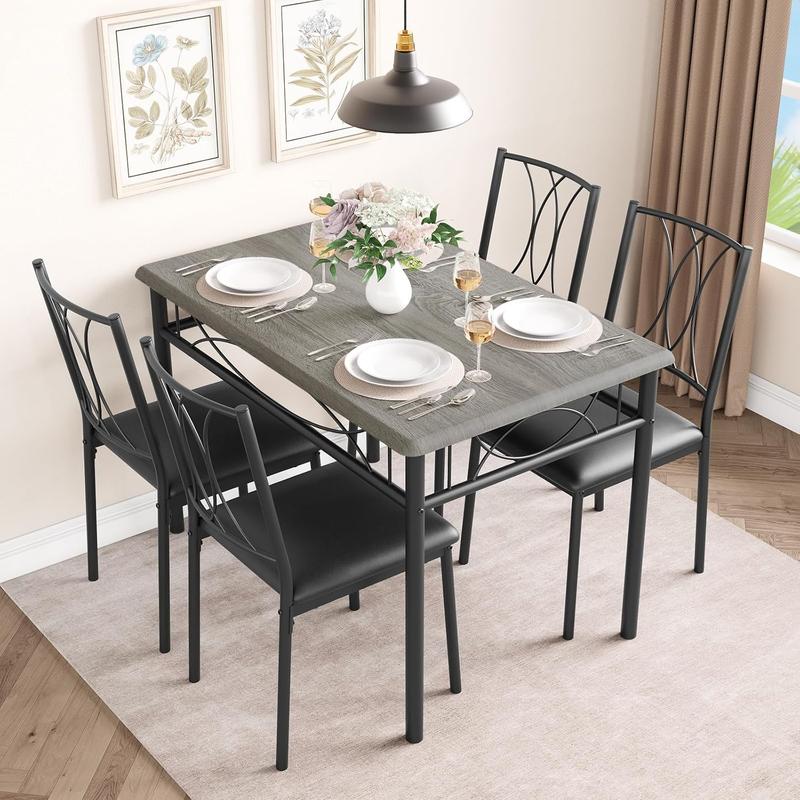 Rustic Gray 5-Piece 4-Seater Rectangular MDF Wood Dining Table Set, 4 Upholstered Chairs (17.7” L x 15.2” W x 35” H, Medium Density Fiberboard (MDF)), Compact Space Saver Indoor Furniture, Easy to Assemble with Hardware for Apartments & Kitchens