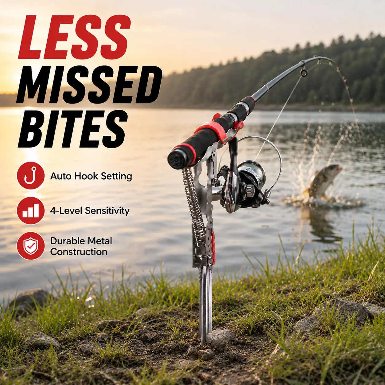 1PK Auto Fishing Rod Holder, Foldable Automatic Spring Hook Setter with 4-Level Adjustable Sensitivity, Stainless Steel Ground Rod Stand for Bank Fishing, Hands-Free Fishing Gear, Gift for Dad Husband Boyfriend