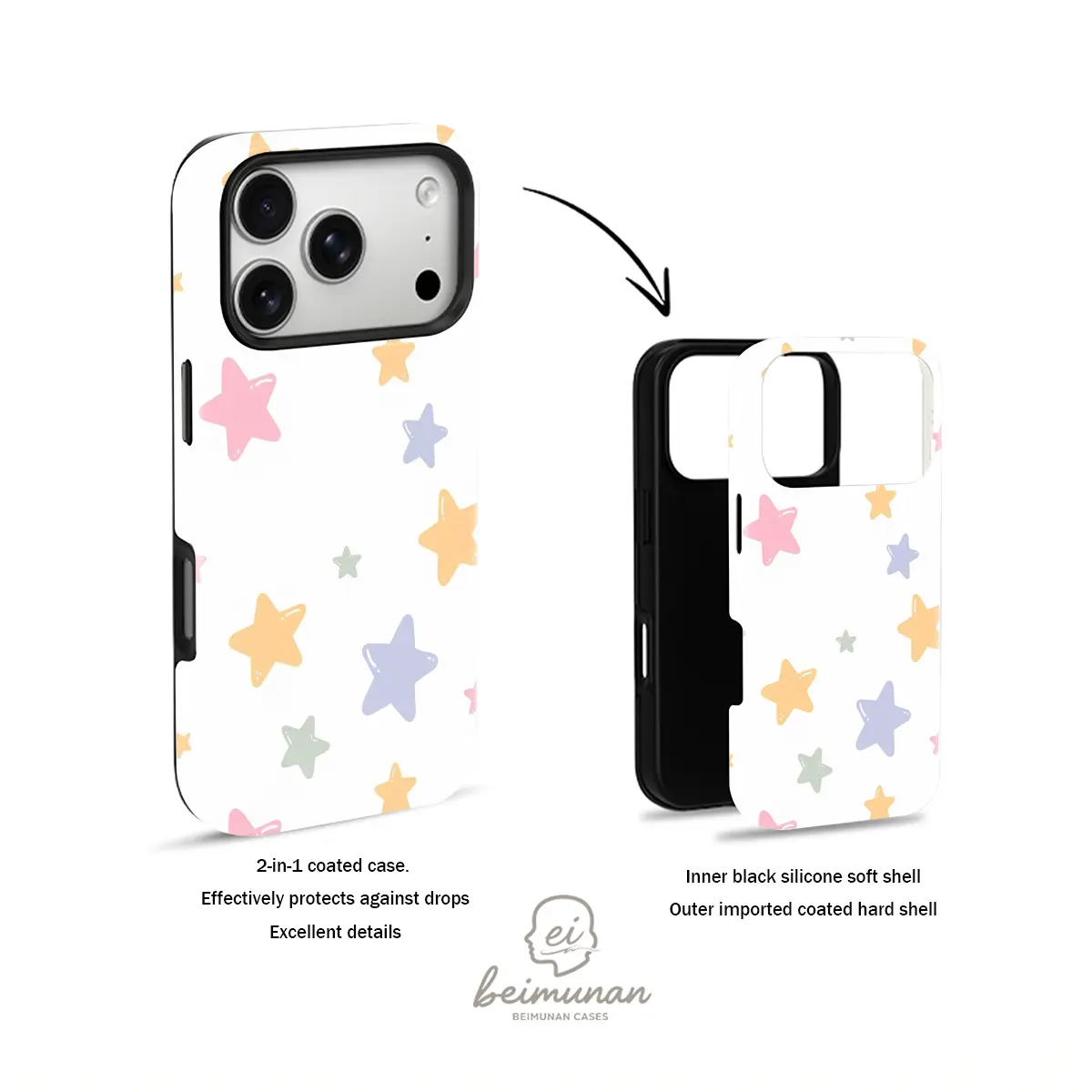 Pastel Stars Pattern Phone Case， Durable Shockproof 2in1 Protective Shell for iPhone 17 16 15 14 13 12 11 Pro Max Series Holiday Gift Minimalist Fashion Cover