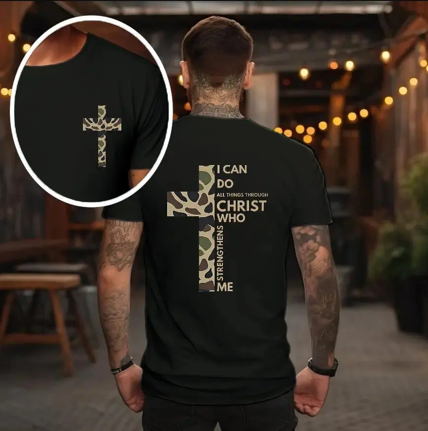 I Can Do All Things Through Christ T-Shirt | Camo Cross Graphic Tee | Philippians 4:13 Bible Verse Shirt | Christian Gift Idea | Casual Streetwear | TikTok Viral Faith Tee