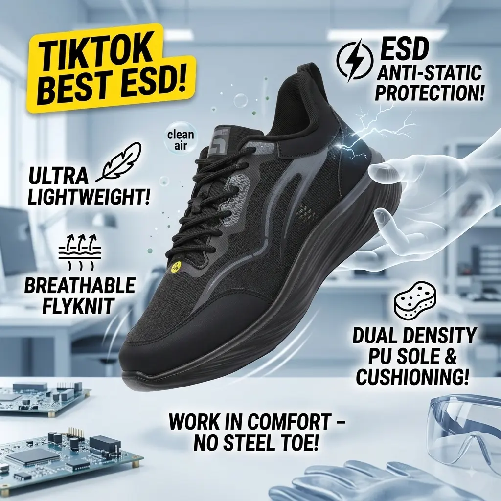 ESD Anti Static Work Shoes Men Soft Toe Flyknit Breathable Athletic Safety Sneakers Lightweight Non Slip Dual Density PU Sole Microfiber Cushioned Static Dissipative Shoes Electronics Workshop Cleanroom Viral Daily Working Boots Comfortable Footwear