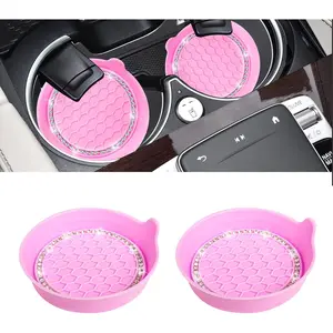 Car Cup Coaster Universal Non-Slip Cup Holders Bling Crystal Rhinestone Car Interior Accessories 2 Pack Pink