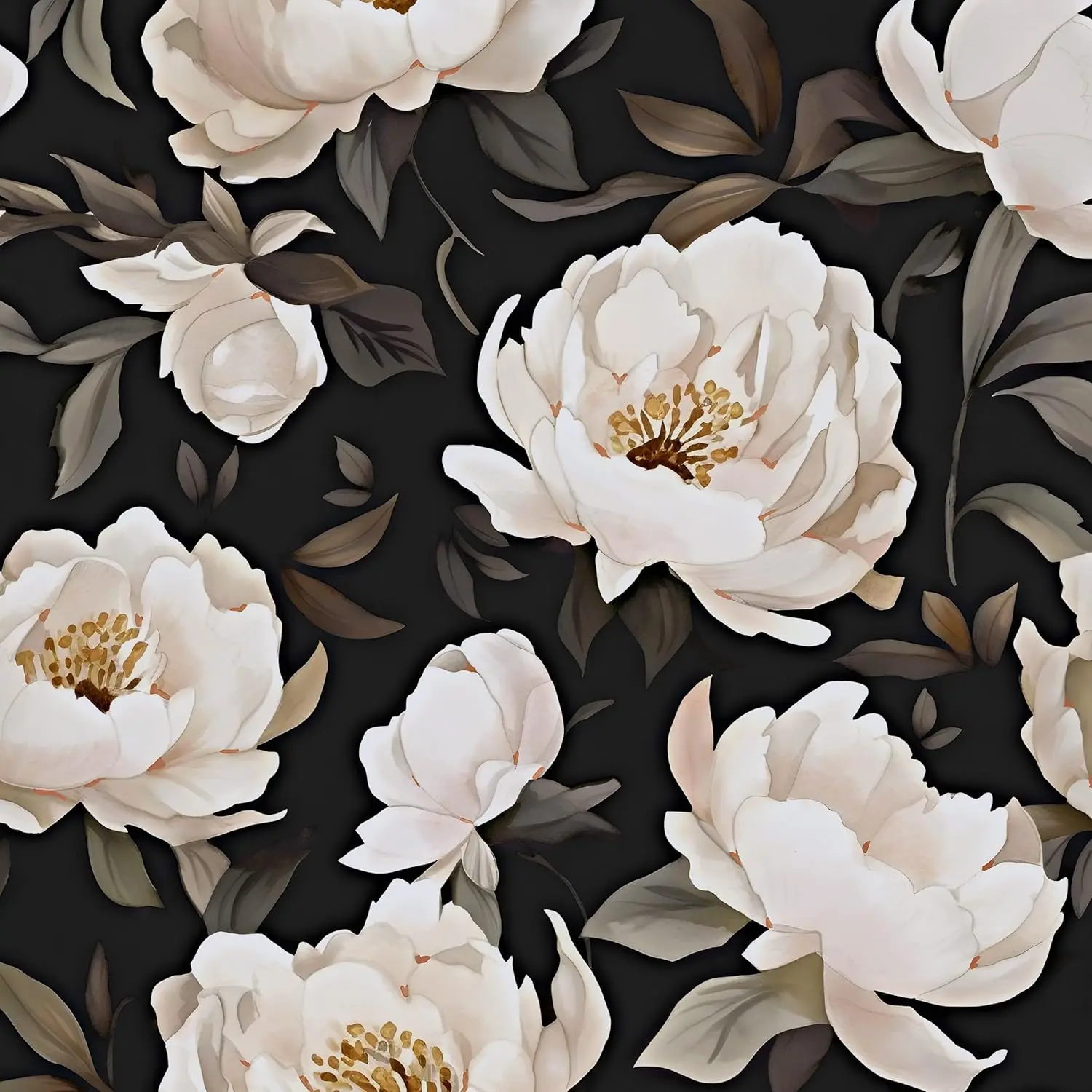 Peel and Stick Floral Wallpaper Rolls - Thick Vinyl, Black/Beige Large Size 17.5"x118" Large Peony Vintage Mural, Self-Removable Waterproof for DIY Enthusiasts' Indoor Room Bedroom Use
