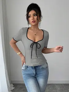 Women's Elegant Deep V-Neck Bow Tie Front Slim Fit T-Shirt - Soft Stretch, Machine Washable, All-Season Versatile Top for Casual & Formal Wear, Versatile Clothing, Easy Care Garment