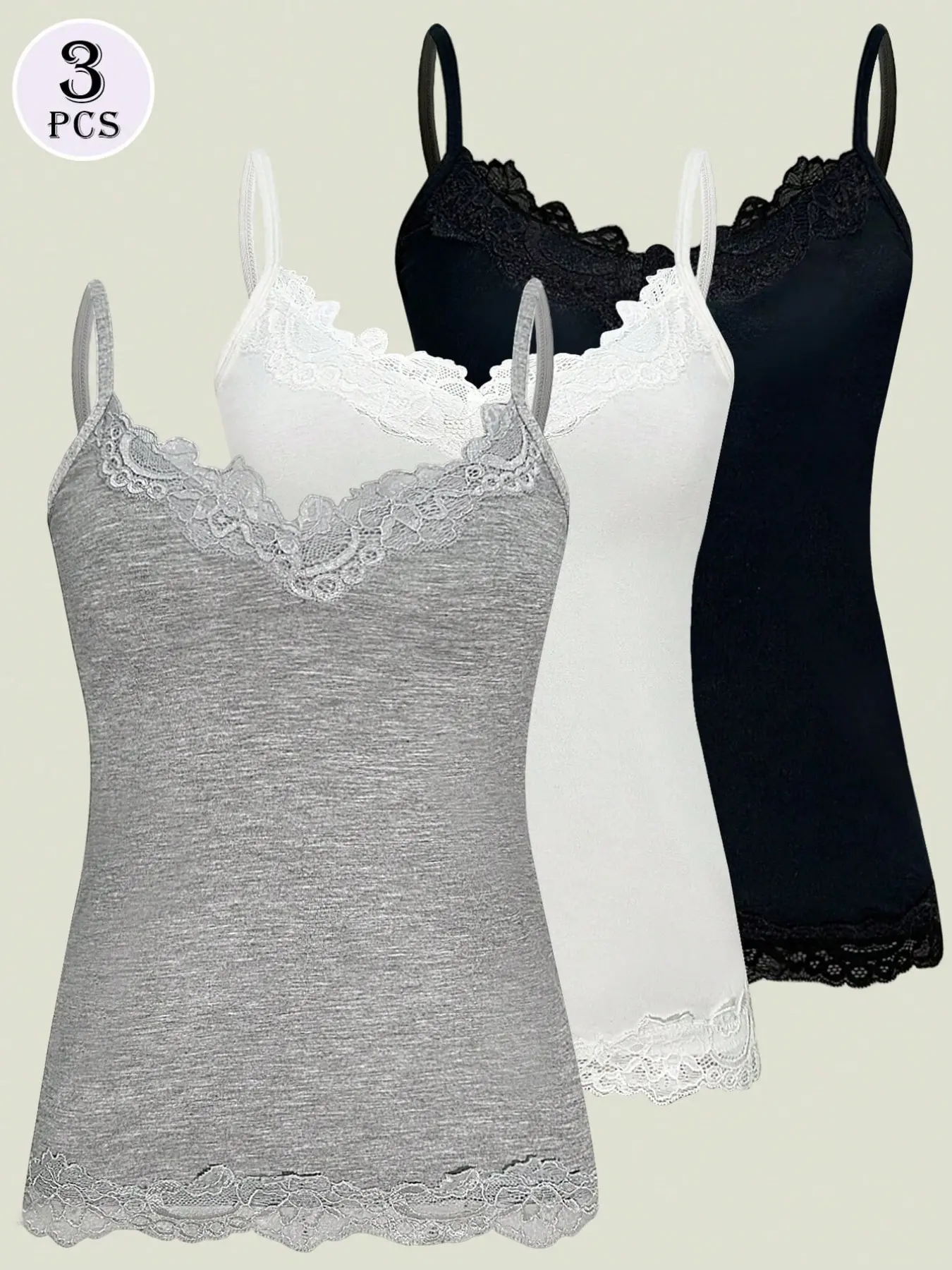 Stylish Sexy Lace Trim Women's Lingerie Camisole Three-Piece Set, Casual All-Season for Home Relaxation, Fitted Elegant Sleepwear
