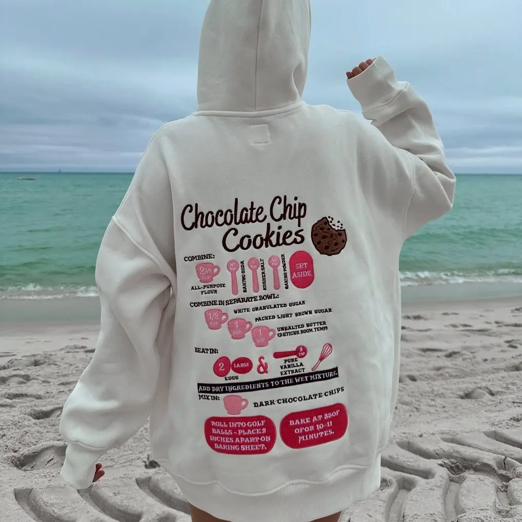The Cookie Recipe Hoodie - White Hooded Pullover with Chocolate Chip Cookie Print Long Sleeve Casual Style Medium Length Perfect for Fall Comfortable Stylish Hoodie for Casual Outings and Lounging