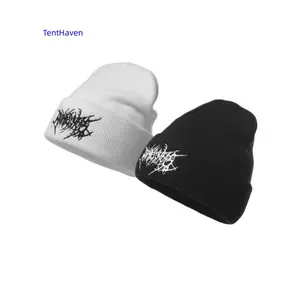 Solid Color Embroidered Gothic Street Punk Knitted Hat – Warm Ski Cap for Autumn and Winter, Unisex Couple Style, Soft Comfortable Cold Weather Headwear, TikTokShopBlackFriday design baseball Assorted Acrylic Knit Beanie Set skull adjustable casual wear S