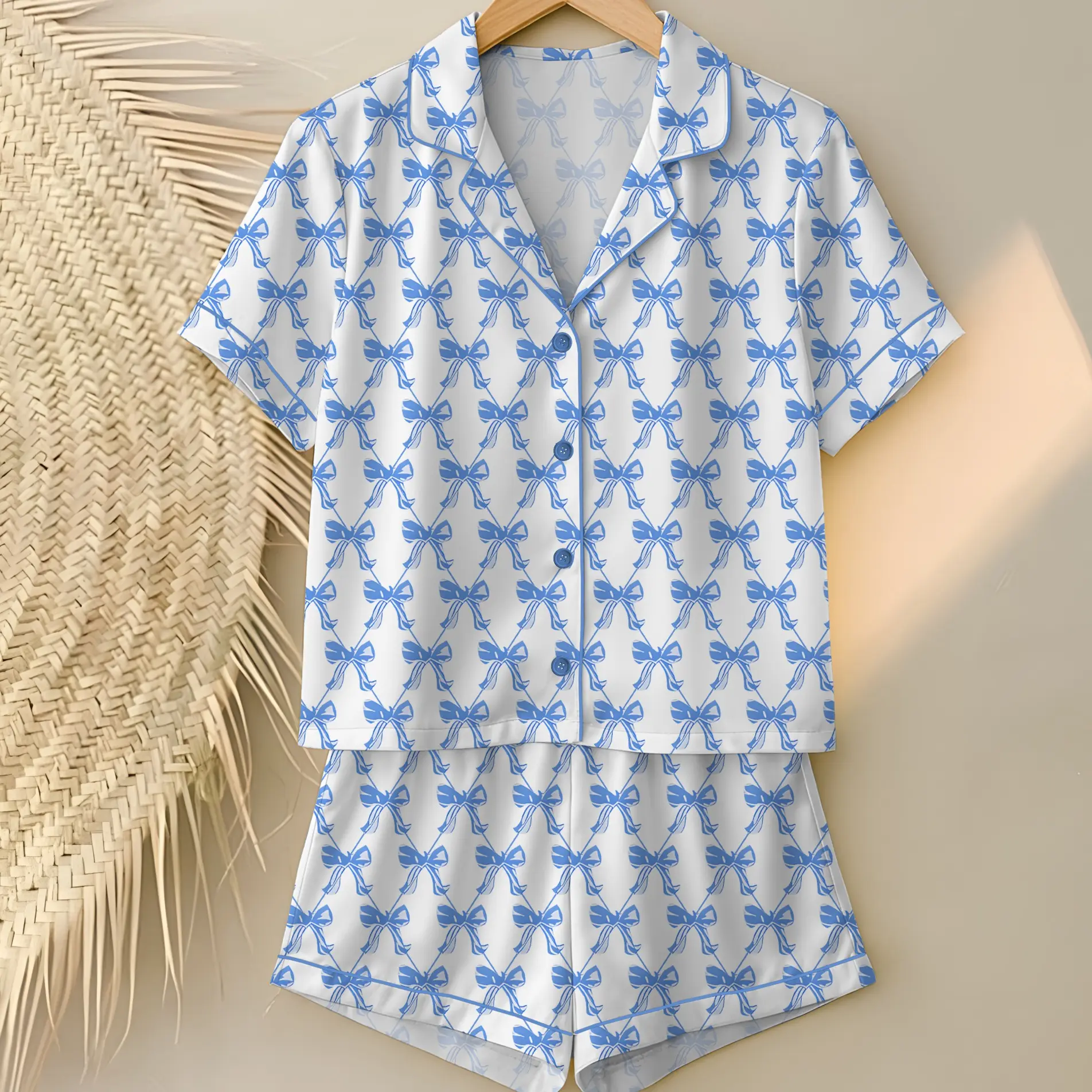 Blue Bow Pajama Set, Perfect For Sleep, Casual Comfy Long Sleeve Lapel Neck Top & Trousers Pj Set, Ladies Sleepwear for Spring & Fall