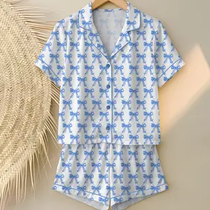 Blue Bow Pajama Set, Perfect For Sleep, Casual Comfy Long Sleeve Lapel Neck Top & Trousers Pj Set, Ladies Sleepwear for Spring & Fall