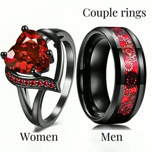 Wedding Rings for Couples, Red Heart Shaped Synthetic Crystal Rings for Women, Red Stainless Steel Wedding Jewelry for Men, Valentine's Day Gifts