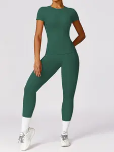 Two-piece Set Women's Solid Short Sleeve Tee & High Waist Leggings Set, Sporty High Stretch Quick Drying Outfits for Yoga Running, Ladies Sportswear Set for All Seasons, Workout Set Pilates Yoga Wear Quick Dry Activewear
