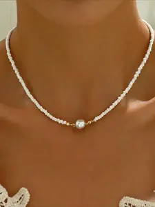Bohemian Retro Shaped Imitation Pearl Handmade Bead Necklace for Women, Elegant and Casual Versatile Party Vacation Necklace, Faux Pearl Jewelry