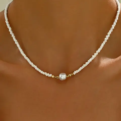 Bohemian Retro Shaped Imitation Pearl Handmade Bead Necklace for Women, Boho Style Necklace, Elegant and Casual Versatile Party Vacation Necklace, Faux Pearl Jewelry