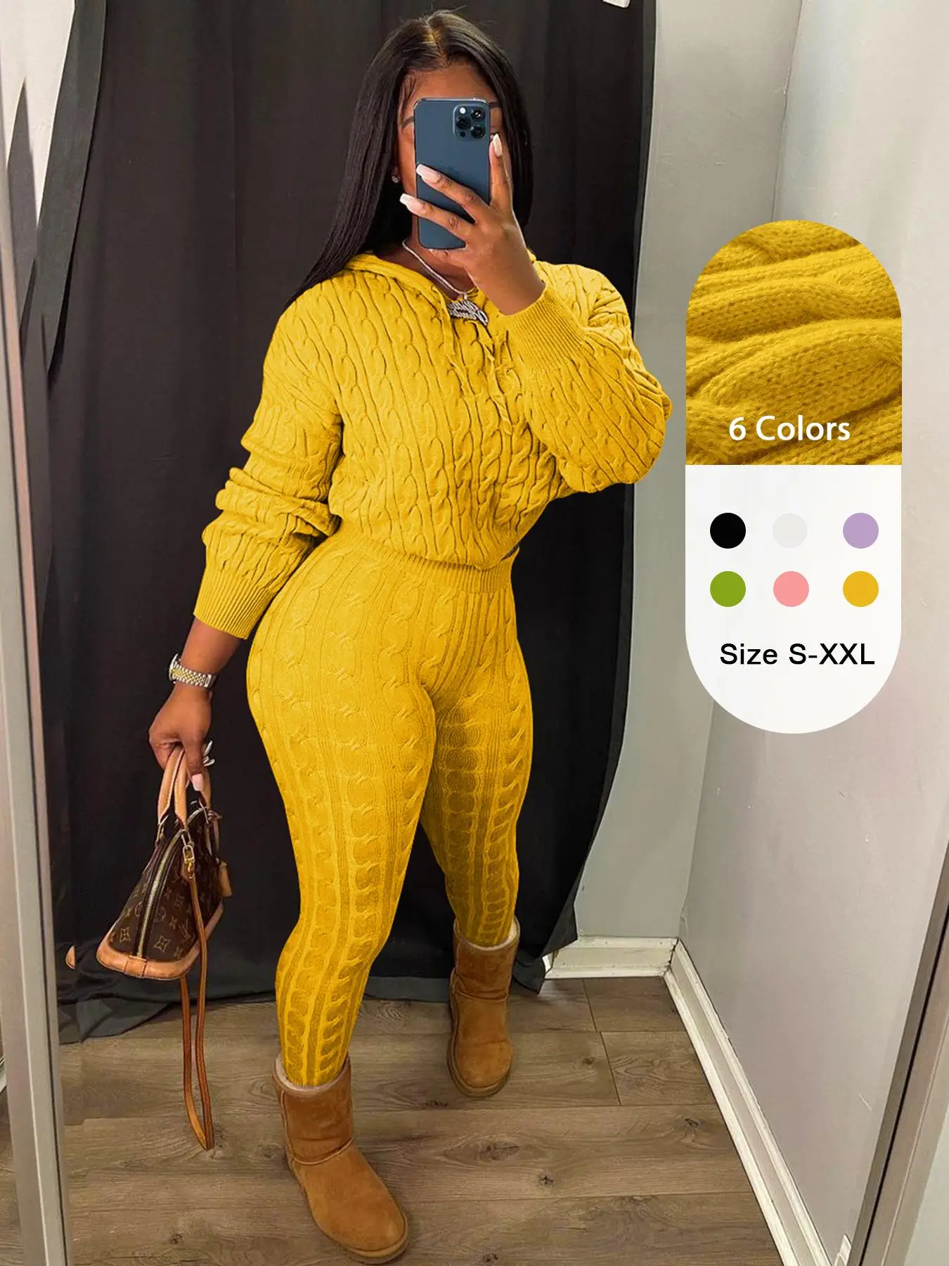 Two-piece Set Women's Solid Drop Shoulder Cable Knit Crop Sweater & High Waist Pants, Casual Fashion Cozy Plush Outfits for Daily Outdoor Wear, Women