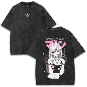 My Dress-Up Darling Marin Kitagawa 230GSM Heavyweight Washed Oversized T-Shirt, Pink Sakura Back Print Anime Waifu Graphic Tee, Cotton Streetwear Unisex Couple Top for Anime Collectors Fans
