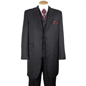 Mens Long Fashion Vested Tonal Pinstripe Zoot Suit in Black