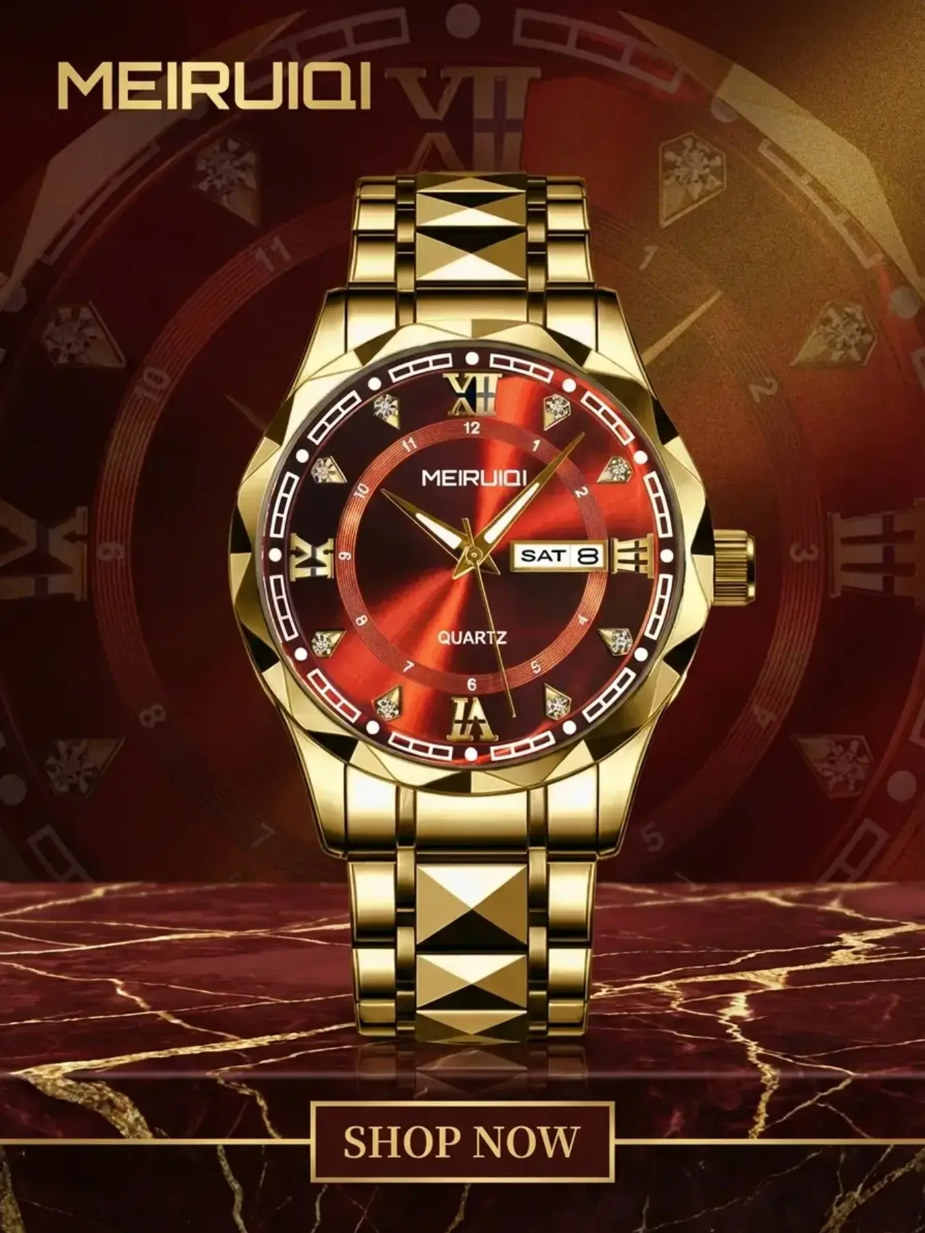 Men's Watch, Steel Quartz Watch, Wine Dial, Vintage Roman Numerals, Diamond Markers, Dual Calendar, Stainless Steel Strap, All Seasons, Quartz Analog Wristwatch