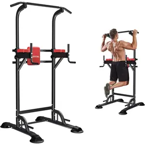 ZENOVA Power Tower Dip Station, Pull up Bar Stand Height Adjustable Strength Training Equipment for Fitness Home Workout, Red/Black Wesfital