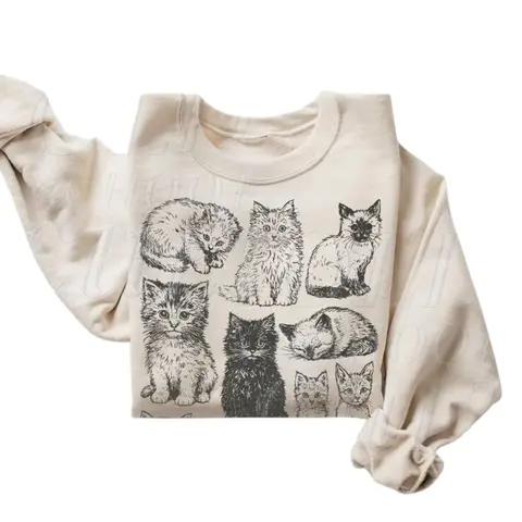The Vintage Cat Sweatshirt, Retro Kitten Graphic Pullover, Cozy Cat Lover Gift, 90s Style Shirt, Cute Cat Mom Sweater,  Boho Unisex Crewneck Sweatshirt,  Menswear Top, Womenswear Top Underwear Streetwear