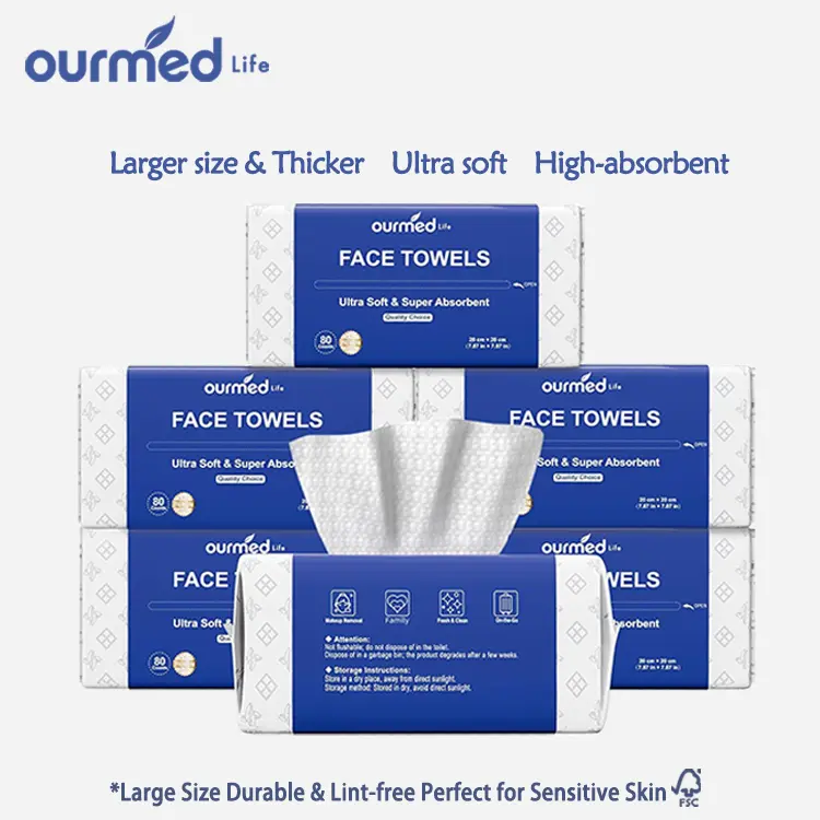 Ourmed Life Face Towels, Disposable Biodegradable Clean Facial Towels for Sensitive Skin, Lint- free Face Cloths for Makeup Remover, Skincare and Women Cleaning, Dry Wipes,480/240/80 Count Dot Texture