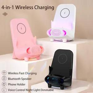 4-in-1 Wireless Charger with Bluetooth Speaker, 15W Qi Certified Fast Charging Wireless Station for iPhone, Pixel, Samsung Galaxy, Phone, LG & More, with Voice Control Night Light (Black)-