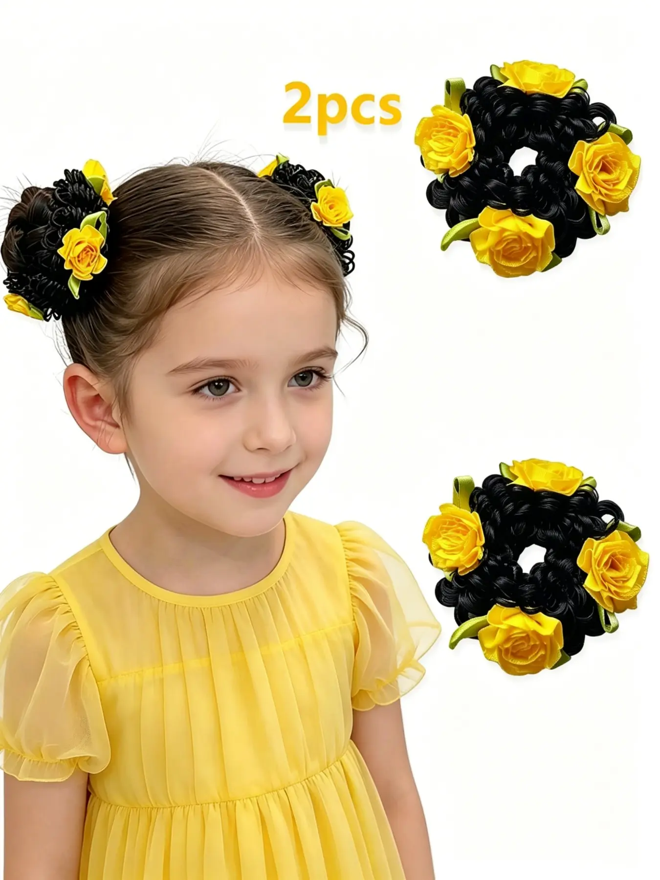 2pcs Spring New Girls' Colorful Flower Wig Scrunchies, Cute Bohemian Style Fabric Flower Wig Ponytail Hair Ties, Suitable for Daily And Holiday Party Wear, All Seasons