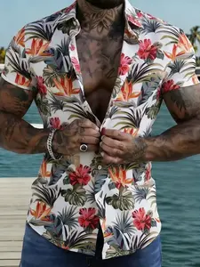 Men's Hawaiian Tropical Flower Shirt, Beachy Shirt, Summer Beach Casual Short Sleeve Button-Up Collared, Full Floral Pattern, Perfect for Outdoor Entertainment, Collared Shirts