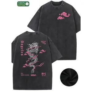 Vintage Washed Pink Chinese Dragon Double Sided Print T-Shirt NYC Dream Cloud Oriental Graphic Oversized 100% Cotton Streetwear Casual Tee For Men Women Unisex Relaxed Fit Stylish Menswear