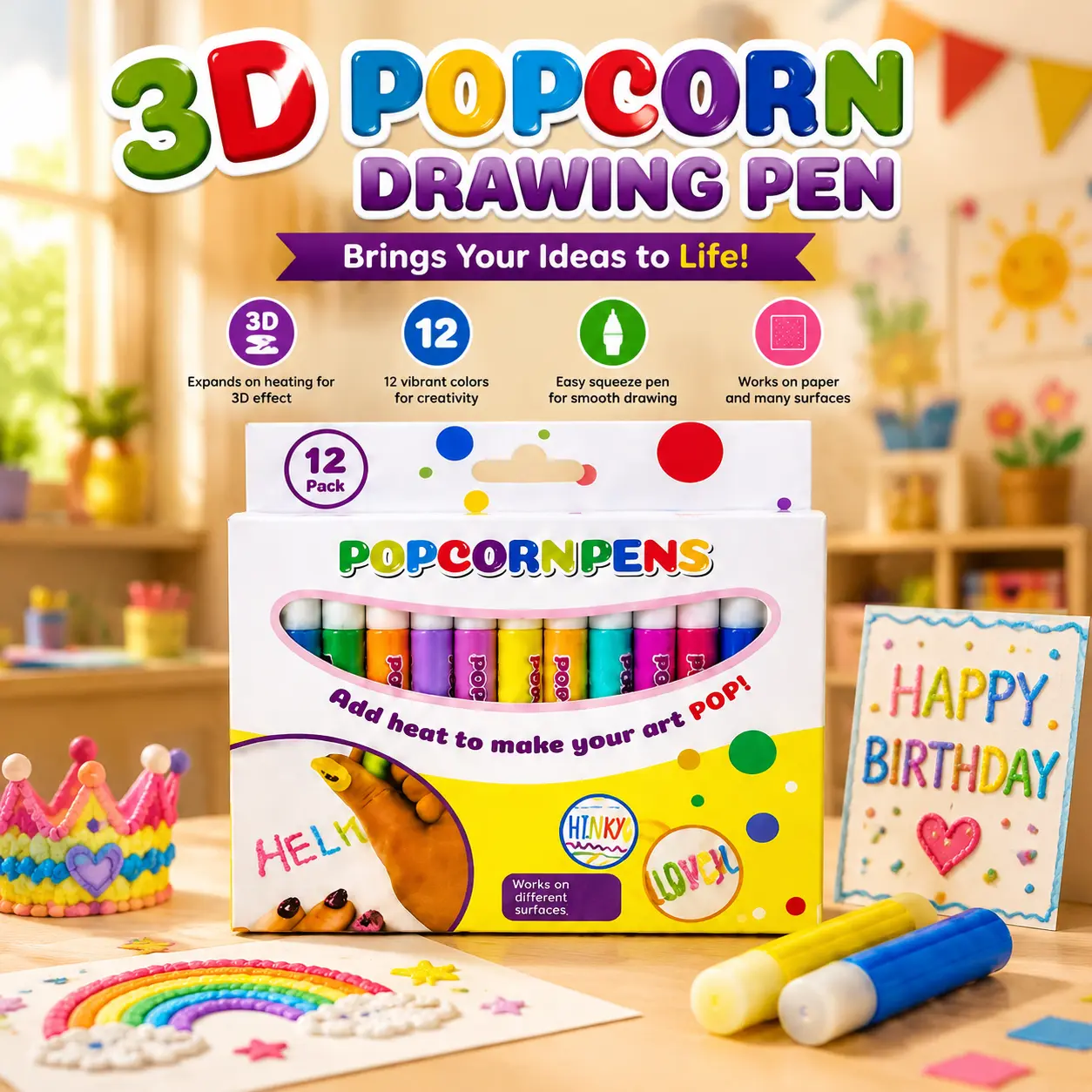 Popcorn Pen, 3D Art Popcorn Pen, 12 Colors DIY Bubble Popcorn Painting, Ideal for Birthday Cards and Kids Crafts, Creative Craft Supplies