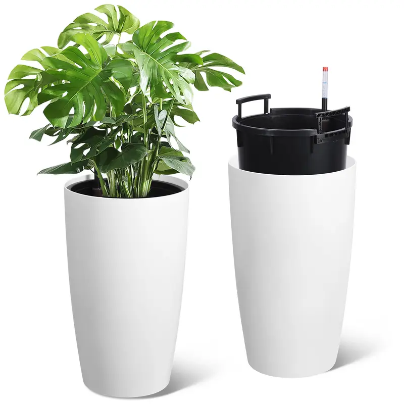 Garvee 22" Tall Round Planter Set of 2, Self Watering Pots for Indoor Plants, Large Flower Pot Outdoor with Built-in Drainage and a Water Level Monitor, for Patio, Porch, Living Room, or Home Office, White