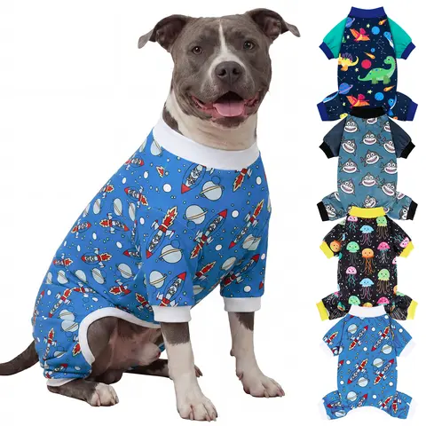 XPUDAC 4-Pack Soft Fabric Dog Shirts, Easy On/Off Universal Fit with Unique Animal & Cartoon Prints (Jellyfish, Rocket, Dinosaur, Shark), Warmth Pet Clothes for Home Wear & Parties Festive Christmas Halloween Gift