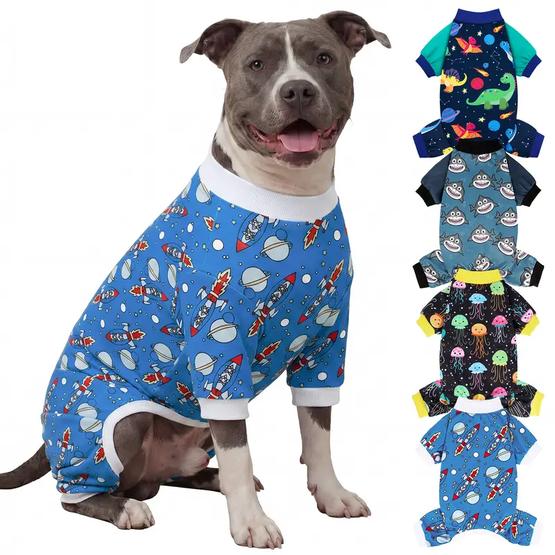 XPUDAC 4-Pack Soft Fabric Dog Shirts, Easy On/Off Universal Fit with Unique Animal & Cartoon Prints (Jellyfish, Rocket, Dinosaur, Shark), Warmth Pet Clothes for Home Wear & Parties Festive Christmas Halloween Gift