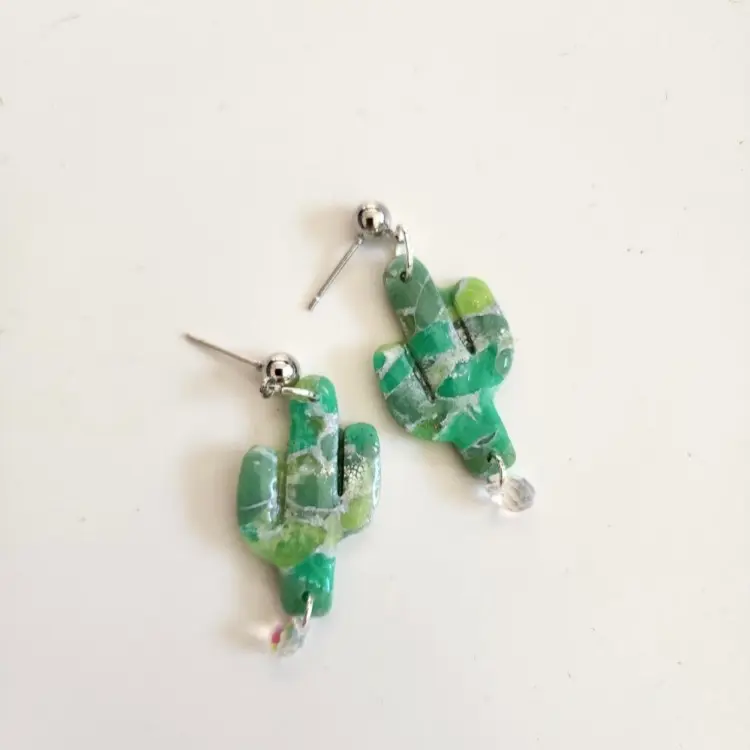 Handcrafted Polymer Clay Cactus Earrings - Green with Crystal Drop, Casual Style