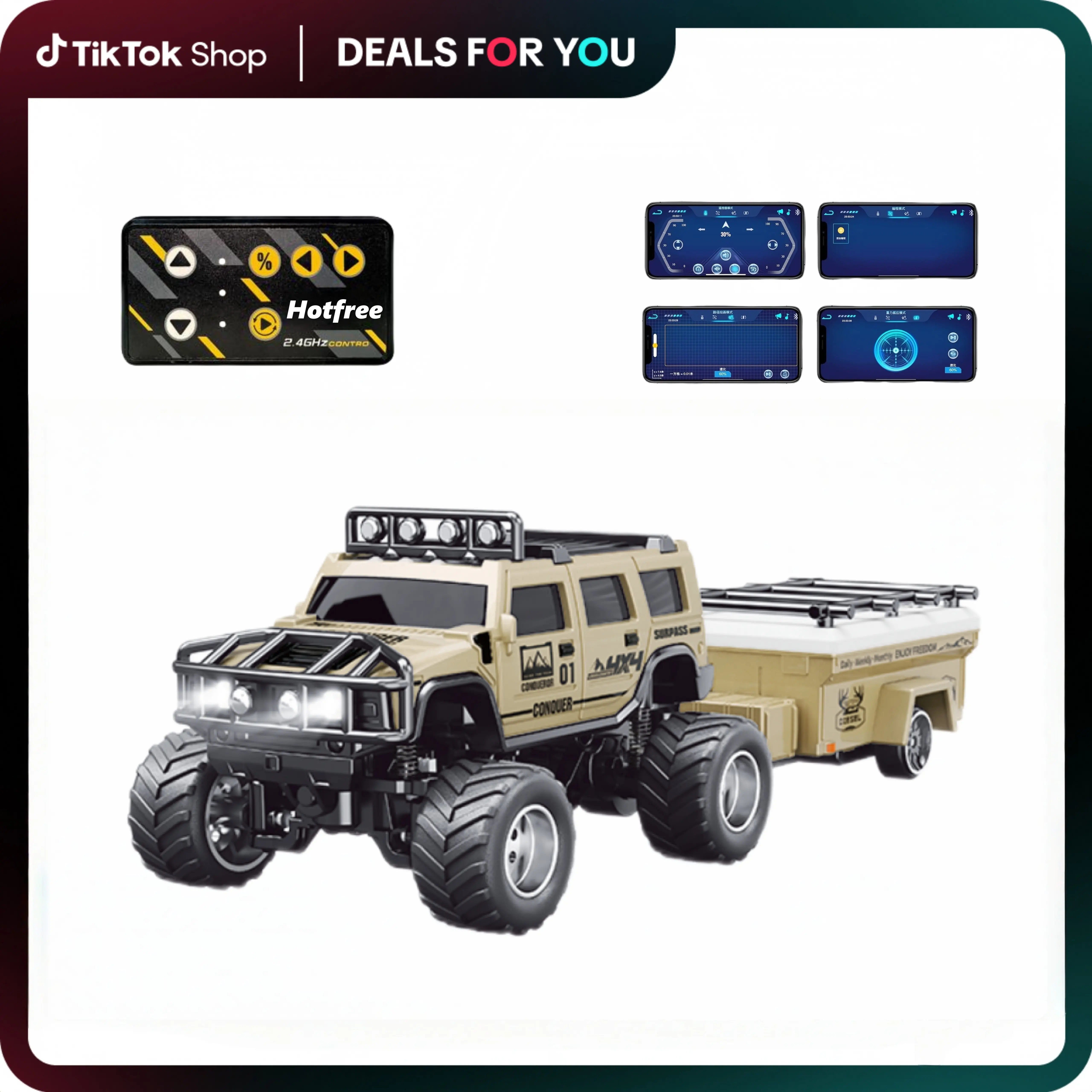 Hotfree 1/64 Mini RC Monster Truck with Trailer, 2.4GHz Remote Control & 3 Speed Modes, All-Terrain Off-Road Vehicle, USB-C Rechargeable, Indoor Outdoor Racing Toy, Perfect Christmas & Birthday Gift for Boys Kids Adults