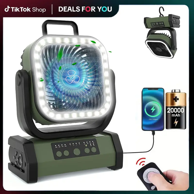 2025 Upgraded 30000mAh Camping Fan，Portable Rechargeable Fan with LED Lights and 270° Rotating Shaft, Remote Control Oscillating Table Fan for Tenting