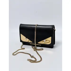 Pre-owned FENDI Leather Crossbody Bags Black Bugs Monster Eye Wallet On Chain Crossbody Shoulder Bag JD0150FD