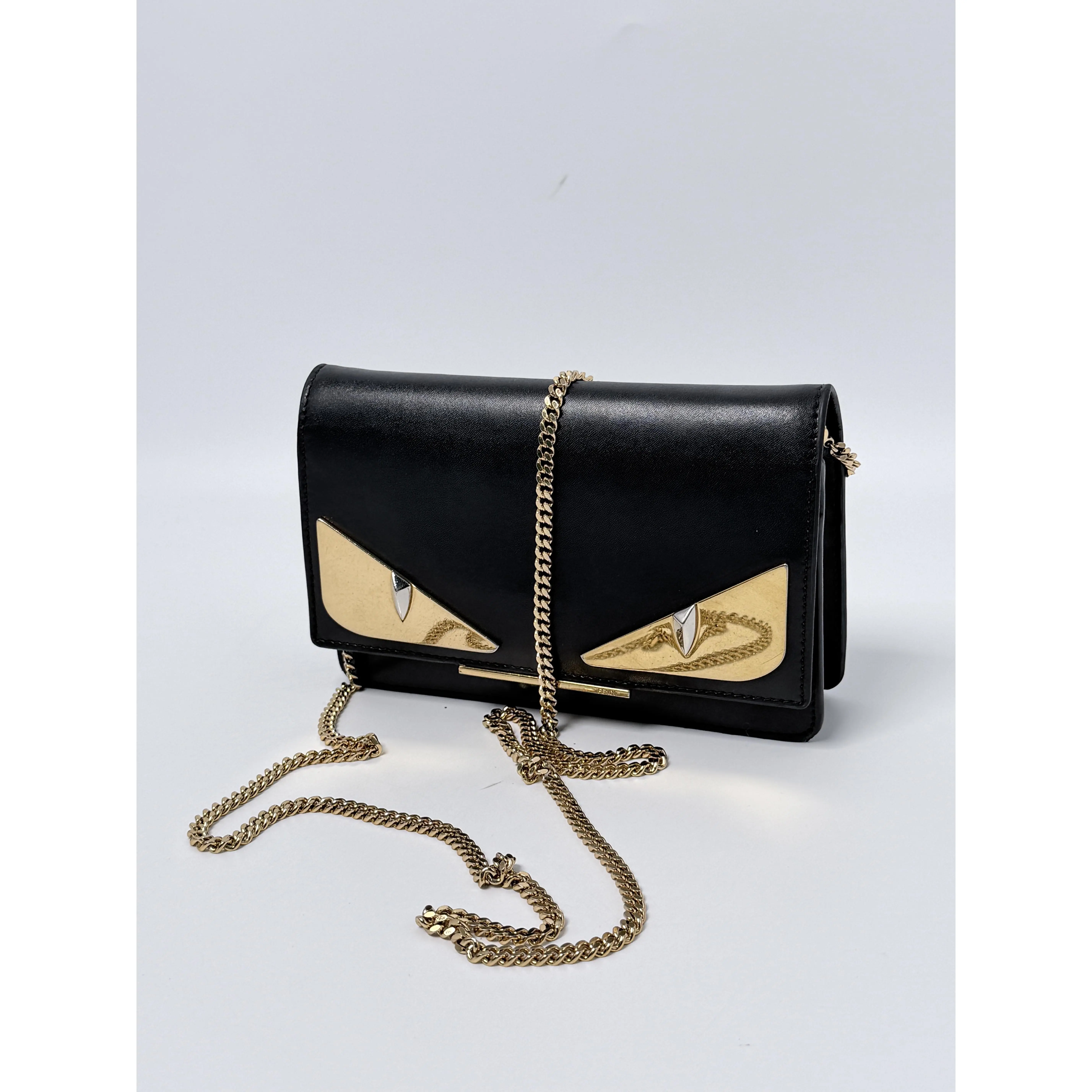 Pre-owned FENDI Leather Crossbody Bags Black Bugs Monster Eye Wallet On Chain Crossbody Shoulder Bag JD0150FD