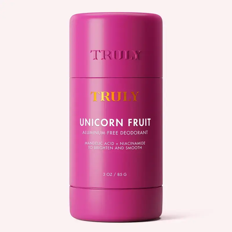 Unicorn Fruit Aluminum-Free Deodorant with papaya enzyme and mango butter. Inhibits odor bacteria, exfoliates dead skin, lightens underarm dark spots with sweet cotton candy fragrance