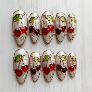 Cherry Pearl Press On Nails | Iridescent Fruit Nails | Cute Red Cherry Handmade False Nails