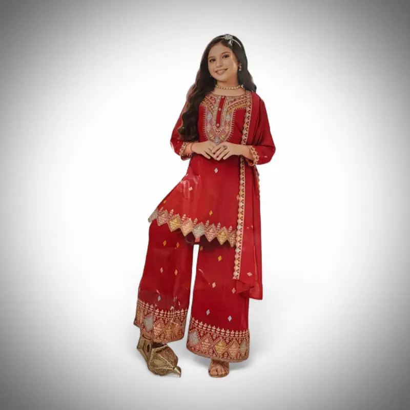 Partywear Heavy Work Plazo Set for Any Occasions Perfect Ethnic Wear Red Color with Intricate Embroidery Design Traditional Asian