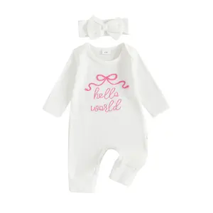 FOCUSNORM Newborn Girls Hello World Im New Here Baby Grows with Built in Mittens Long Sleeve Romper Autumn Winter Clothes Coming Home Outfit with Headband