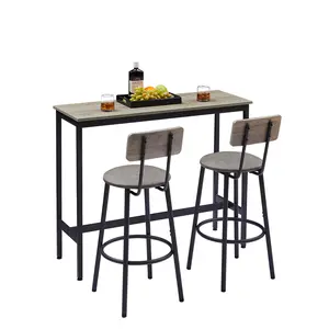 Bar Table and Chairs Set for 2, 3-Piece Rectangular Pub Table with 2 Stools & Backrest, Counter Height Small Kitchen Table with Bar Chairs for Dining Room Small Space, Grey