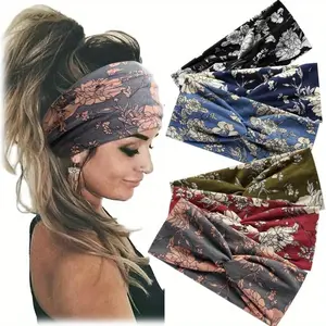 6-Pack Bohemian Style Wide Headbands for Women - Polyester Knit Fabric Geometric Pattern Hairbands - Fashionable Elastic Head Wraps for Yoga, Running, Sports - Elegant and Simple Design for Fall/Winter